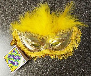 SEXY BNWT NEW ORLEANS GOLD SEQUIN W/YELLOW FEATHERS MARDI GRAS MASK