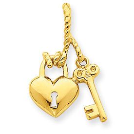 New Polished & Casted 14k Yellow Gold Open & Textured Back Heart & Key