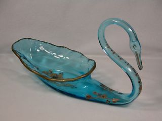 ART GLASS AQUA SWAN WIMSEY WITH GOLD ACCENTS *  USA
