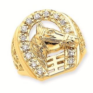 14K Gold AA Diamond Horse Head Horseshoe Mens Ring