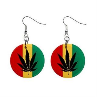 New 1 Button Earrings Rasta Marijuana Weed Leaf ER019