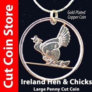 Ireland Large Penny Cut Coin Hen & Chicks Pendant Necklace Irish One