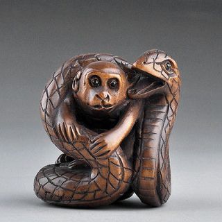 Japanese Carving Sculpture Boxwood Wood Netsuke Snake Surround