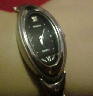 Bijoux Terner Womens Silvertone 7in Link Watch with Black Oval Face