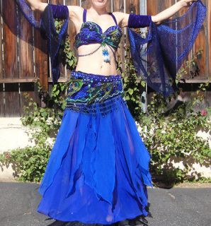 PROFESSIONAL AMEYNRA BELLY DANCE COSTUME BLUE GREEN, PEACOCK FEATHERS
