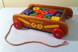 Vintage Playskool Wood Wagon w/ blocks (childrens pull toy)