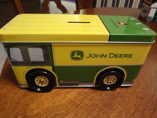 JOHN DEERE Tin Bus Bank Moving Wheels Green & Yellow Tin Box Co NEW
