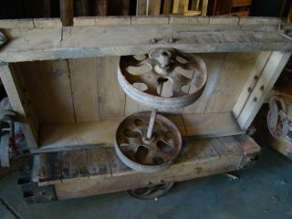 Industrial Wooden Factory Cart with Iron Base and Wheels