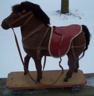 Vintage German Pull Toy Horse on Wheels