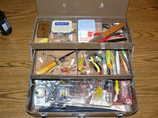 Vintage Tackle Box JC Higgins  Full of Stuff Old Tackle and Lures