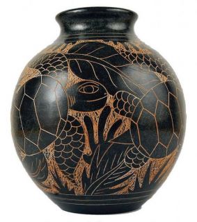 Nicaragua Fair Trade Turtle Globe Vase Etched Handmade Ceramic Pottery