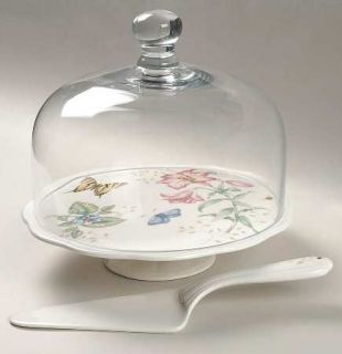 Lenox China Butterfly Meadow 9 Cake Stand w/Glass Dome & Ceramic Server, Fine C