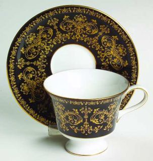 Wedgwood Caernarvon Black Footed Cup & Saucer Set, Fine China Dinnerware   Gold