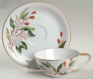Noritake N144 Flat Cup & Saucer Set, Fine China Dinnerware   White & Red Flowers