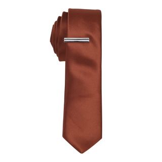 Skinny Tie Madness Mens Solid Rust Skinny Tie With Tie Clip