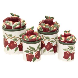 Casa Cortes Country Apple Collection Deluxe 4 piece Canister Set (White, red, greenStorage Capacity: Set includes 24 , 40 , 64  and 96 oz. canisters Beautiful 3 dimensional apple lids Hand painted by expert craftsmen Fine glazed ceramic Hand wash onlyEach