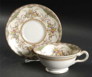 Minton Chatham Green/Ivory Footed Cup & Saucer Set, Fine China Dinnerware   Gree