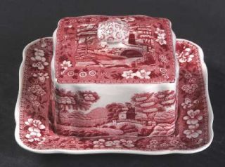 Spode Tower Pink (Older Backstamp) Square Covered Butter, Fine China Dinnerware