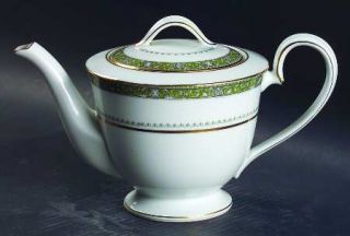 Noritake Thurston Teapot & Lid, Fine China Dinnerware   White,Black Scrolls,Gree