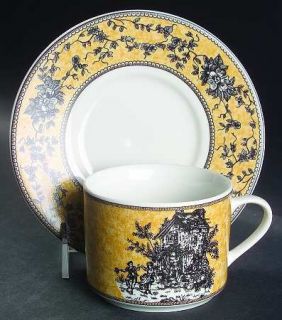 American Atelier English Toile Black Flat Cup & Saucer Set, Fine China Dinnerwar