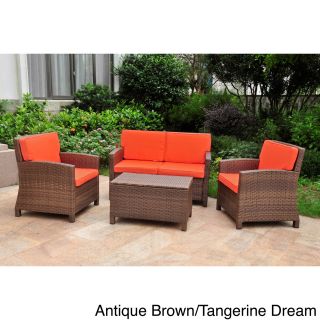 Lisbon Resin Wicker Outdoor Settee Group With Corded Cushions (set Of 4) (Merlot, dark chocolate, tangerine dream or aqua blueMaterials: Powder coated steel/ resin wicker/ spun polyester fabric/ poly wrapped foam core fillingFinish: Natural resin wicker f