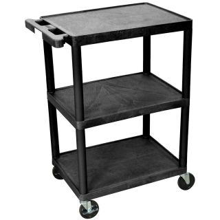 Luxor Black 3 shelf Heavy duty Utility Cart (BlackMaterials: Polyethylene plasticNumber of shelves: Three (3) shelves.25 inch lipShelf clearance: 12 inchesWeight capacity: 300 poundsFour (4) 4 inch casters (two with locking brake)Dimensions: 24 inches wid