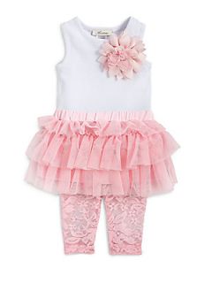 Miniclasix Infants Two Piece Tiered Mesh Top & Lace Leggings Set   Pink White