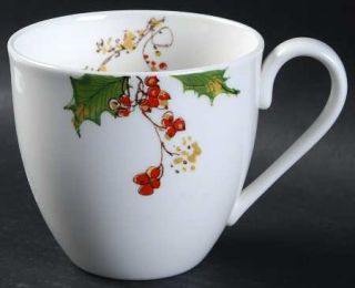 Lenox China Winter Song Mug, Fine China Dinnerware   Red Rim,Holly,Berries,Pinec