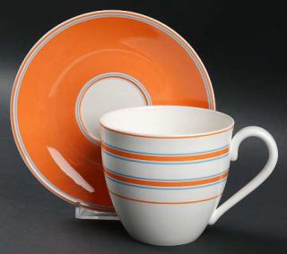 Lenox China Cays Stripe Orange Flat Cup & Saucer Set, Fine China Dinnerware   Ka