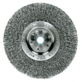 Trulock 6 inch Narrow face Crimped Wire Wheel (0.0140 inArbor Thread   TPI or Pitch:5 /8   1/2 inchFace Width: 3/4 inchFace Plate Thickness: 7/16 inchTrim Length: 1 7/16 inchSpeed: 6000 rpm [Max]Applications: Cleaning rust, scale and dirt, Light Deburring
