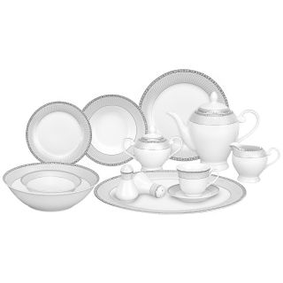 Lorren Home Trends 57 piece Porcelain Silver Accent Dinnerware Set (White with silver design borderMaterials: PorcelainCare instructions: Dishwasher safeService for: Eight (8)Number of pieces in set: 57Set includes:Eight (8) 10.5 inch dinner platesEight (