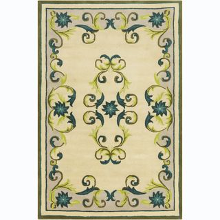 Green and cream Allie Handmade Floral Wool Rug (5 X 76)