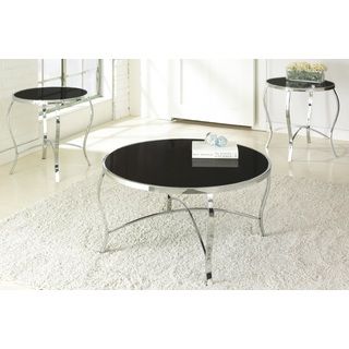 Brinkley 3 piece Table Set (Chrome, tempered glassQuantity: One coffee table, two (2) end tablesShiny chrome finished frame with arched cross stretchersBlack tinted, tempered glass insertsRound tables feature a contemporary designCurved legs add styleFloo