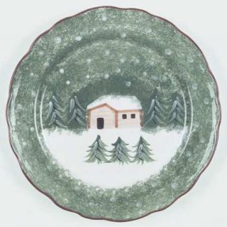 The Cellar Log Cabin Christmas Dinner Plate, Fine China Dinnerware   Green Backg