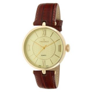 Peugeot Large Dial Leather Strap Watch   Gold/Brown