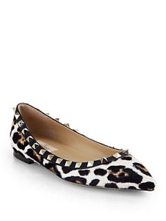 Valentino Rockstud Leopard Print Calf Hair Ballet Flats   Leopard
