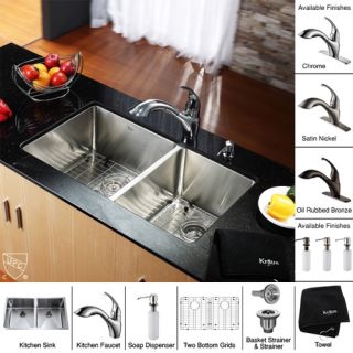 Kraus KHU10233KPF2210KSD30SN 33 inch Undermount Double Bowl Stainless Steel Kitchen Sink with Satin Nickel Kitchen Faucet and Soap Dispenser