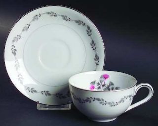 Japan China Silver Clover Flat Cup & Saucer Set, Fine China Dinnerware   Pink Cl