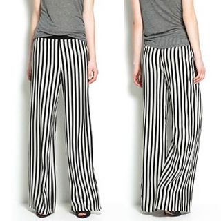 Womens Chiffon Black and White Stripes Casual Loose Long Trousers