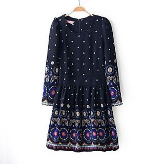 Womens Round Neck Vintage Long sleeves Casual Dress with Flowers Printing
