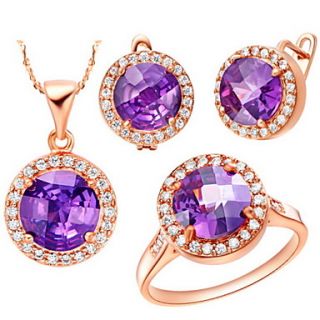 Classic Alloy Gold Plated With Cubic Zirconia Round Womens Jewelry Set(Necklace,Earrings,Ring)(Red,Purple)
