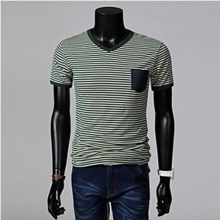 Mens Casual V Collar Stripe Short Sleeve T Shirt