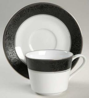 Noritake Venezia Flat Cup & Saucer Set, Fine China Dinnerware   Black Embossed B