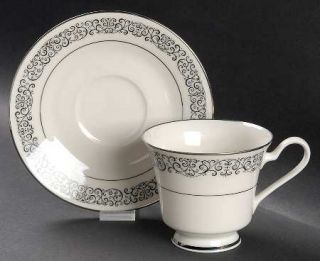 Noritake Hawthorne Footed Cup & Saucer Set, Fine China Dinnerware   Black Scroll
