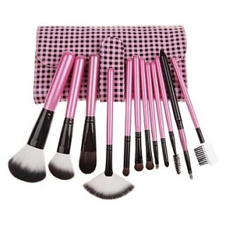 12PCS Pink Handle Cosmetic Brush Set With Free Grid Pink Pouch