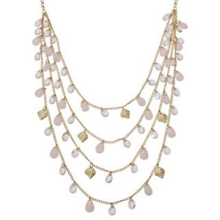 Womens Multi Strand Pink and Clear Teardrop Stone Front Long Necklace   Gold