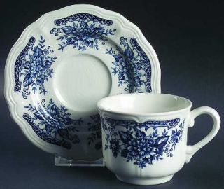 Japan China Blue Carnation Flat Cup & Saucer Set, Fine China Dinnerware   Blue F