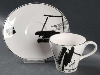 Sango Calligraphy Flat Cup & Saucer Set, Fine China Dinnerware   Black Brushstro