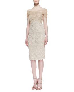 Womens Short Sleeve Tulle Bodice Lace Cocktail Dress, Gold   Badgley Mischka