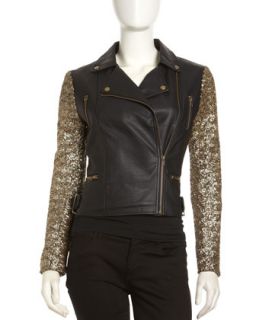 Faux Leather Sequin Sleeve Jacket
